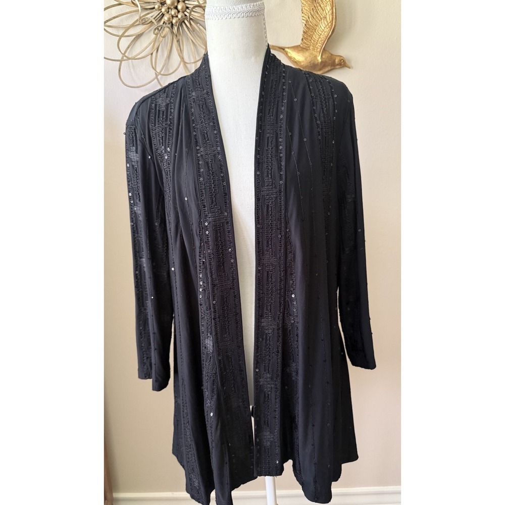 Susan Graver XL Black Sequin Open Front Cardigan Jacket 3/4 Sleeve Stretch